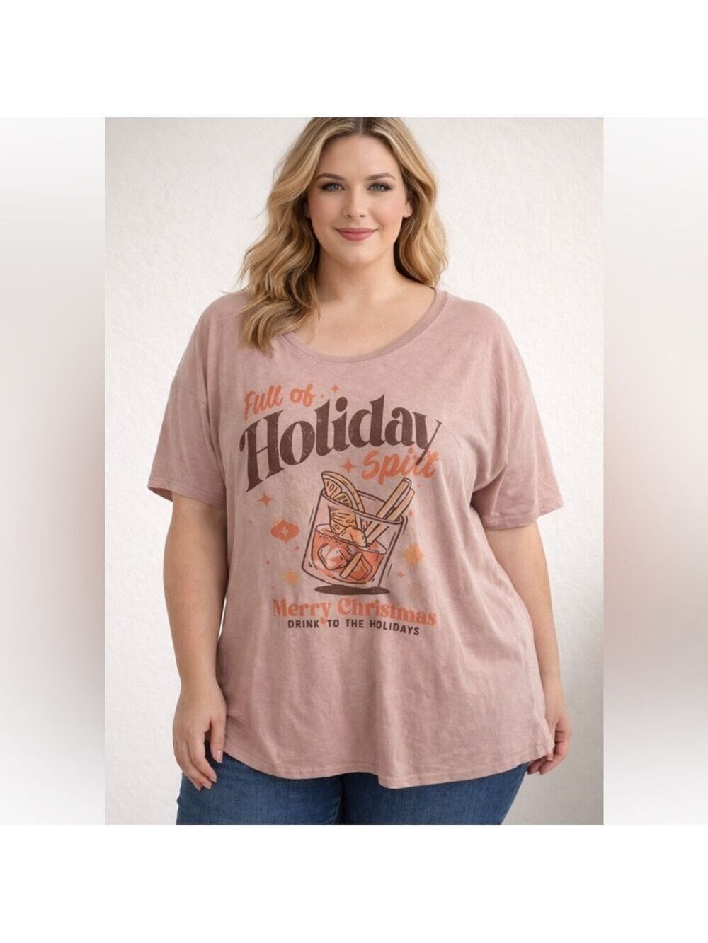Maurices Plus Size 2X Blush Pink Holiday Graphic Oversized Merry Christmas tee